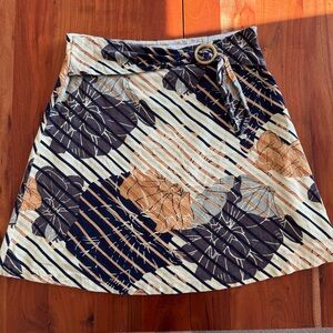 Odille Navy and Tan A-Line floral corduroy Skirt with Belt Detail